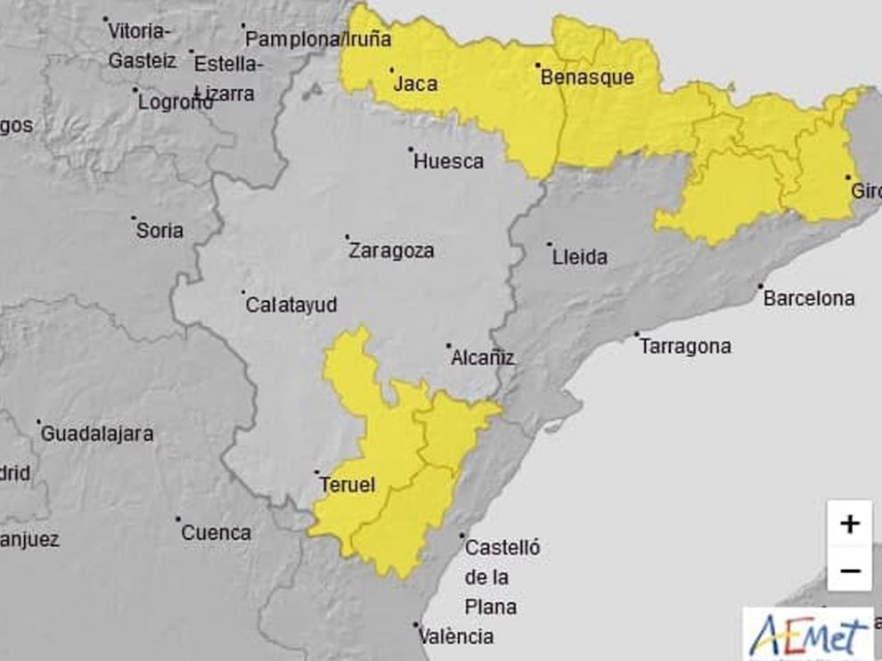 Mapa con las zonas en aviso amarillo por lluvias y tormentas