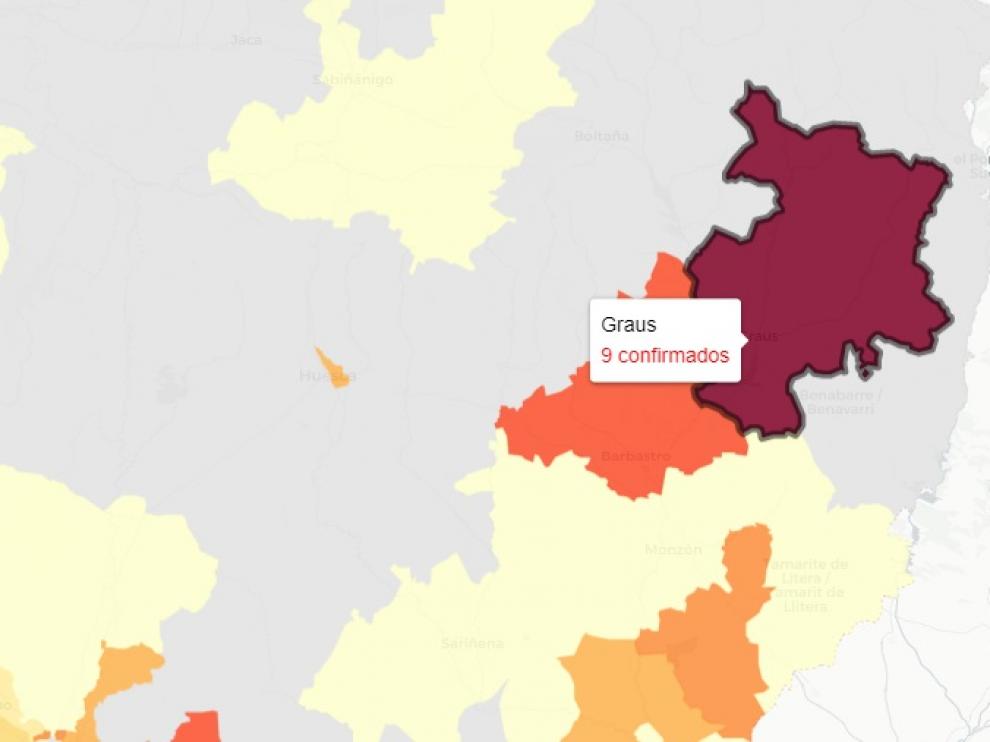 Mapa de nuevos contagios de covid-19, en el que destaca en oscuro la zona de salud de Graus.