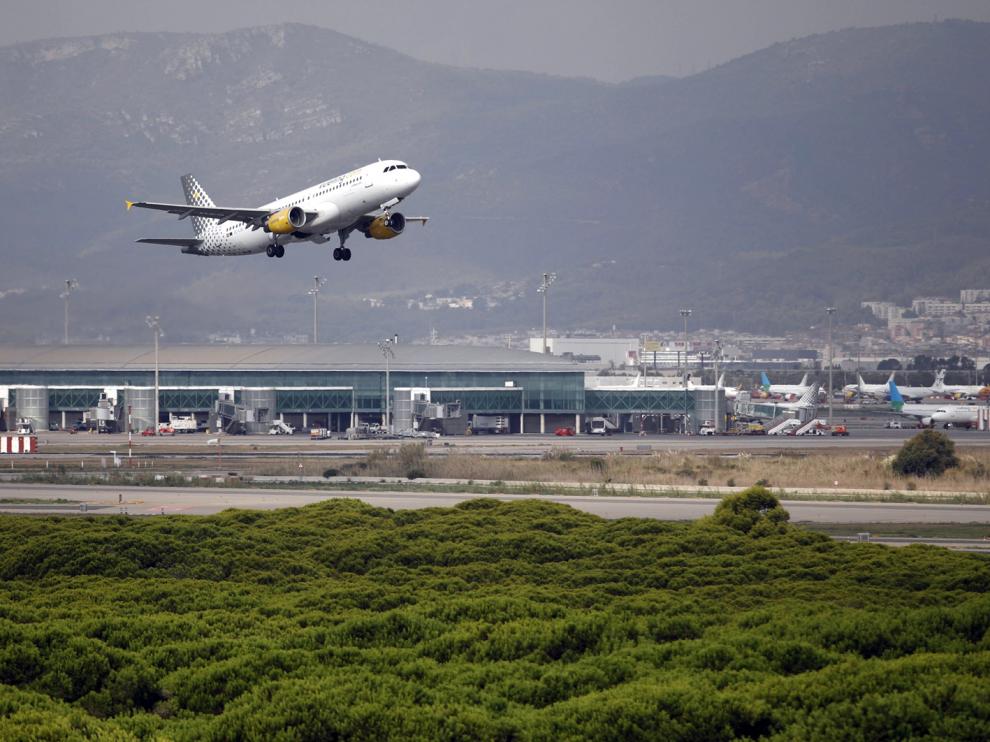 Un avión vuela por el espacio protegido de la Ricarda, en El Prat de Llobregat