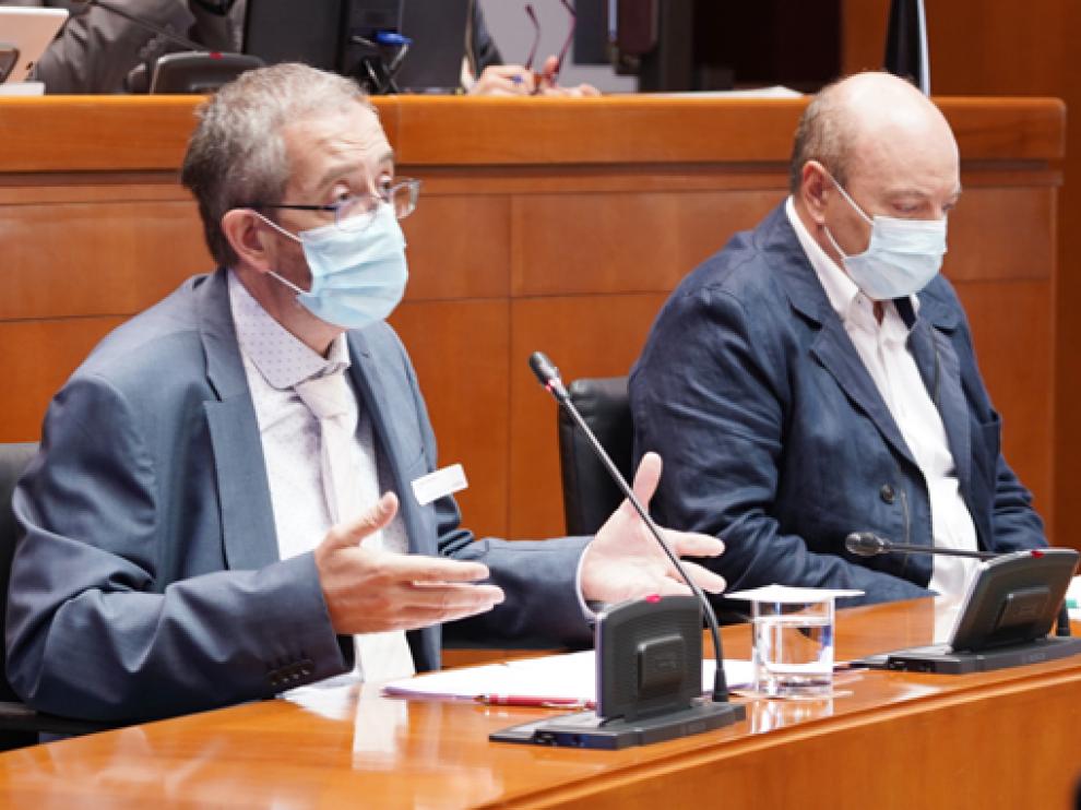 Joaquín Puyuelo y Ramón Baldellou, durante su comparecencia ciudadana ayer en el pleno de las Cortes.