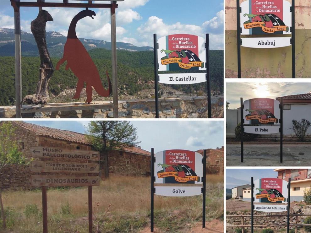Algunas de las señales instaladas en los municipios por los que pasa la Carretera de las Huellas de Dinosaurio.