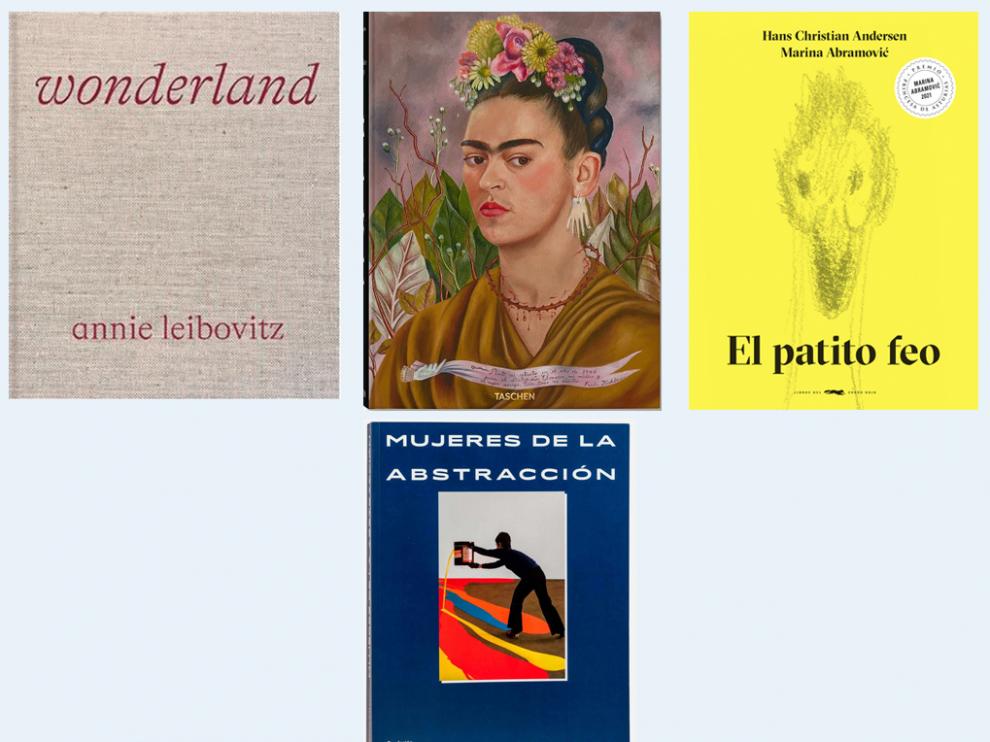 Portadas de 'Wonderland', 'Frida Kahlo, obra pictórica completa', 'Mujeres de la abstracción' y 'El patito feo'.