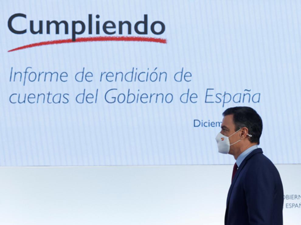 Sánchez durante la rueda de prensa posterior a la presentación del primer informe de rendición de cuentas del Ejecutivo