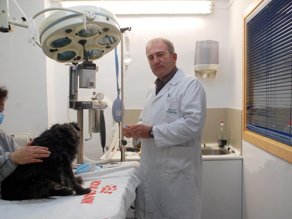 Clemente Castejón se dispone a atender a un perro en su clínica veterinaria.
