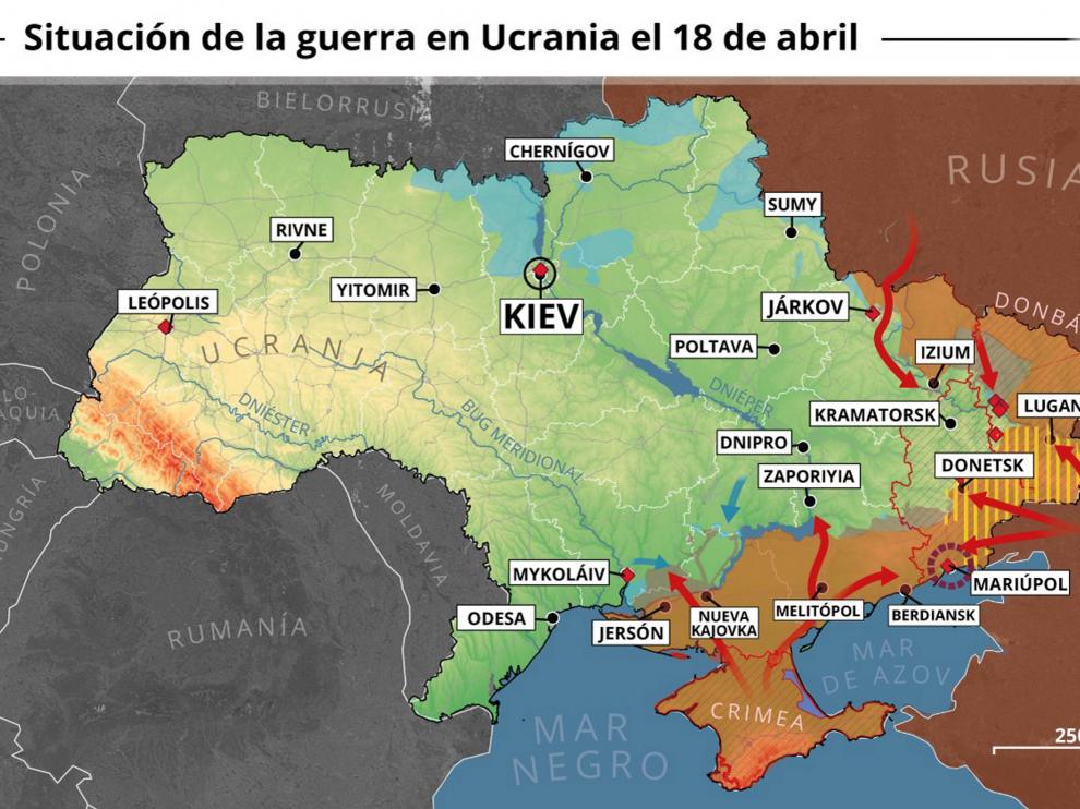Mapa con la situación de Ucrania a 18 de abril
