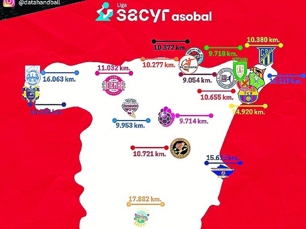 Mapa de los clubes de la Liga Asobal y los kilómetros que deberá recorrer cada equipo.