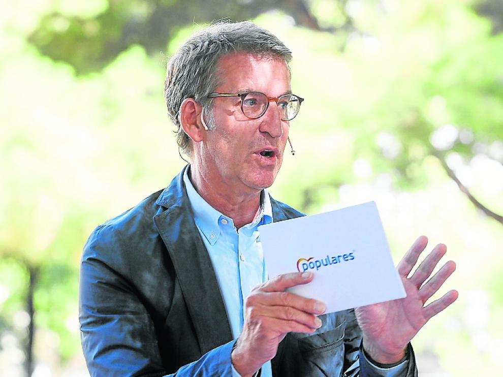El presidente del PP, Alberto Núñez Feijóo, ayer en un acto celebrado en Zaragoza.
