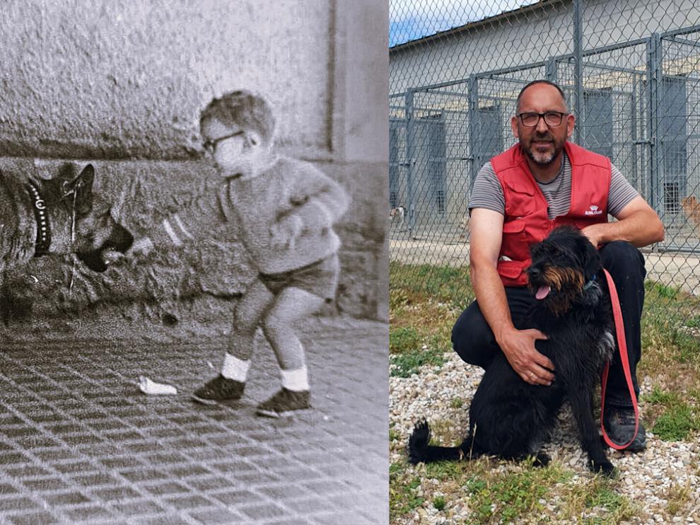 Miguel Yzuel en sendas imágenes, de niño y en la actualidad, acompañado de un perro.