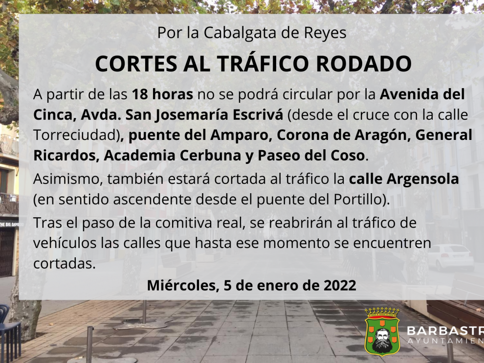 Así afectará al tráfico la Cabalgata de Reyes de Barbastro.