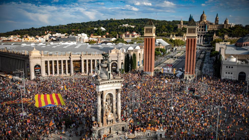 Vista de la plaza de España de Barcelona durante la manifestación convocada por la ANC.